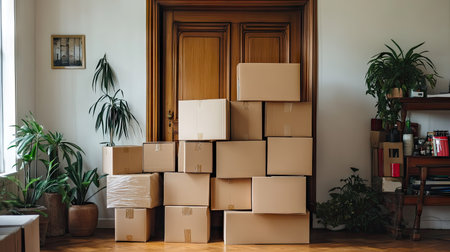 A neatly organized stack of packed boxes by the door, ready for the moving process to begin.の素材