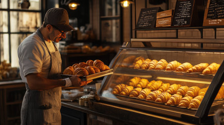 A baker placing a tray of freshly baked croissants into a display case in a warm and welcoming bakery settingの素材