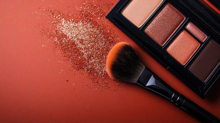 An elegant eyeshadow palette featuring warm tones, with its lid open and a blending brush resting on the sideの素材