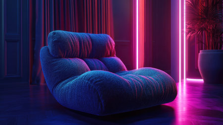A plush lounge chair in a dark, moody lounge, soft neon lights reflecting off the fabric.の素材