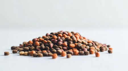 Assorted dry dog food pellets in varying sizes, forming a small mound on a white surface with even lightingの素材