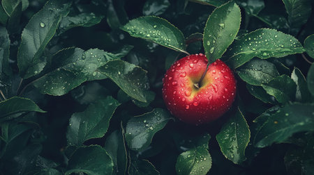 A freshly harvested red apple nestled in green leaves, dew droplets reflecting light.の素材