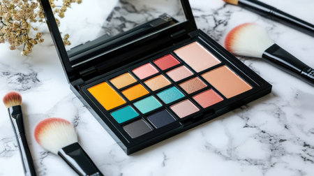 An eyeshadow palette with bold, colorful pigments surrounded by blending brushes and a mirror on a marble surfaceの素材