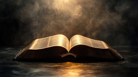 A mysterious open book under a spotlight, its reflection glowing on a dark table.の素材