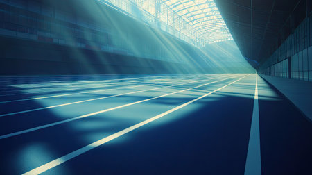 A quiet, empty stadium track with distinct lane lines highlighted by bright sunlight.の素材