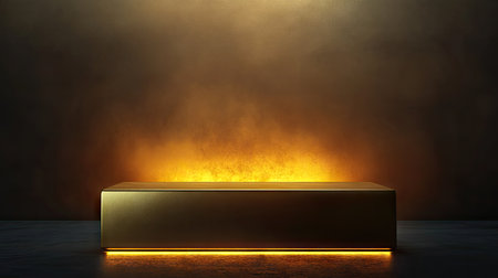 A golden pedestal with a high-end product displayed atop, set against a smooth, dark background with soft ambient lighting.の素材