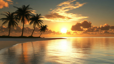 A calm beach with palm trees silhouetted by a golden sunset, reflecting soft light on the water's surfaceの素材