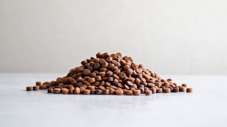 Assorted dry dog food pellets in varying sizes, forming a small mound on a white surface with even lightingの素材