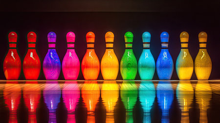 A completed setup of bowling pins at the end of the lane, with vibrant colors reflecting off the floorの素材