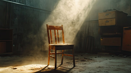 A rustic wooden chair abandoned in a shadowy warehouse, dust particles floating in the air.の素材