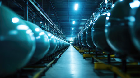 A row of large industrial compressed gas tanks in a factory setting, neatly arranged under bright lights.の素材