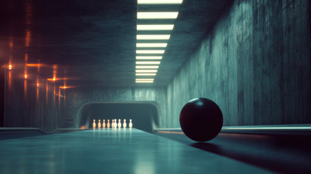 A bowling ball gently rolling down the track towards the pins, with overhead lights casting shadows and creating dramatic focusの素材