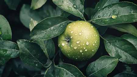 A green apple with clear water drops on its surface, nestled on top of fresh, vibrant leaves.の素材
