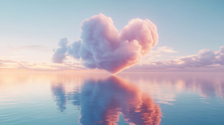 A perfectly symmetrical white heart cloud floating peacefully in the sky.の素材