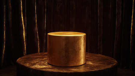 A golden pedestal positioned in front of a velvet backdrop, showcasing a luxury product with sophisticated lighting.の素材