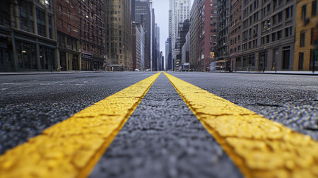 A freshly paved urban road with two yellow lines in the middle, framed by tall city skyscrapers.の素材