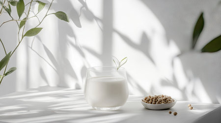A delicate minimalist setup with soy milk in a glass, a few soybeans placed beside it, and an airy white background for a clean, healthy lookの素材