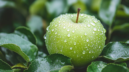 A green apple covered in water droplets, resting on fresh green leaves with a blurry background.の素材