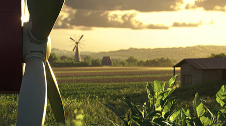 A close-up of a wind turbine's sleek blades, with a traditional windmill in the distance surrounded by farmlandの素材