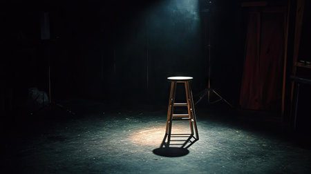 A photography studio in darkness, a single spotlight highlighting an empty stool.の素材
