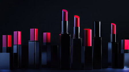 Assortment of lipsticks in glossy cases arranged artistically on a dark, minimalist backgroundの素材