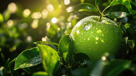 A green apple with sparkling water droplets on its surface, surrounded by fresh leaves in a tranquil garden.の素材