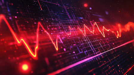 A neon-style red ECG waveform with a bright glowing effect on a digital screen.の素材