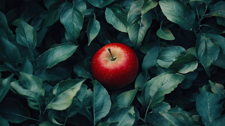 A fresh-picked red apple placed on a layer of green leaves, with a natural garden backdrop.の素材