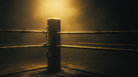A focused beam of light illuminating a corner post and ropes in a boxing ring, with a darkened background.の素材