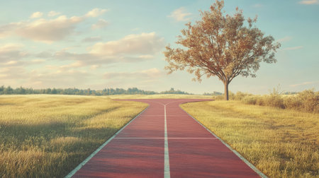 A peaceful morning scene of a red running track with no one on it, surrounded by open grass.の素材