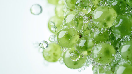 A fresh, dewy cluster of green grapes with a natural shine, isolated on a clean white background.の素材