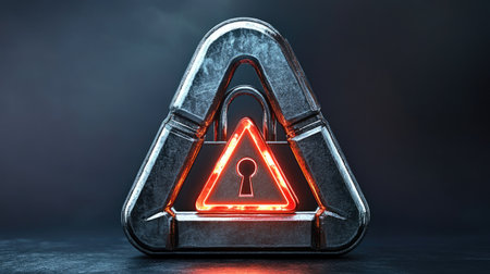 A padlock icon combined with a warning triangle, symbolizing network protection alert.の素材