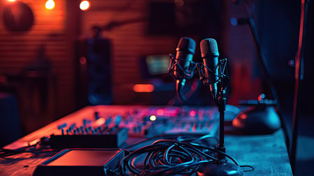 A musician's table with multiple microphones, cables, and recording accessories in a dimly lit setting.の素材