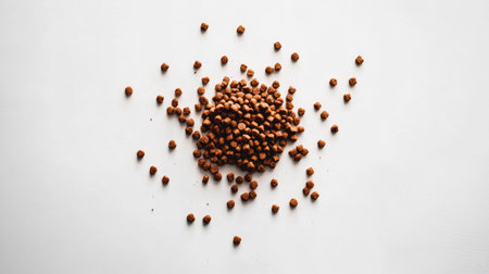 A fresh pile of dry dog food in the center of a white background, with individual kibble pieces clearly visibleの素材