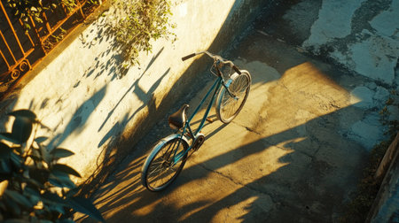 A bicycle parked against a wall, its shadow stretched out under warm morning sunlightの素材