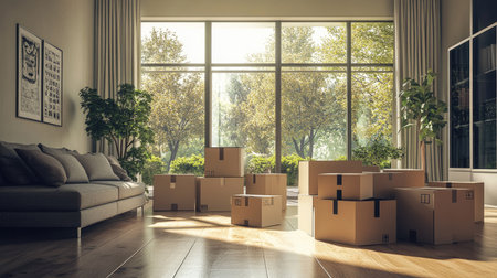 A modern living room with moving boxes stacked near a large window, the perfect setting for a move-in.の素材
