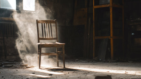 A rustic wooden chair abandoned in a shadowy warehouse, dust particles floating in the air.の素材