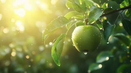 A fresh green apple on a branch with clear water droplets and soft sunlight streaming through the leaves.の素材