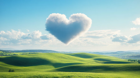 A playful heart cloud floating above green rolling hills on a sunny day.の素材