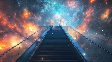 A futuristic glass staircase leading up to a glowing sky filled with stars and galaxies.の素材