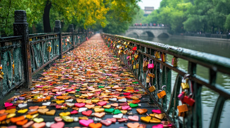 A romantic love lock bridge covered with heart-shaped padlocks in different colors.の素材