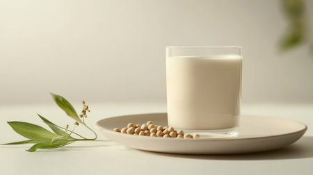 Close-up of a simple, clean setup with soy milk in a glass and fresh soybeans arranged on a white plate, highlighting organic ingredientsの素材