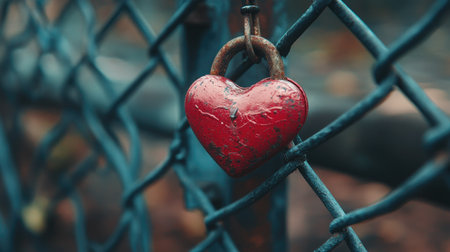 A red heart lock hanging on a metal fence, symbolizing everlasting love.の素材