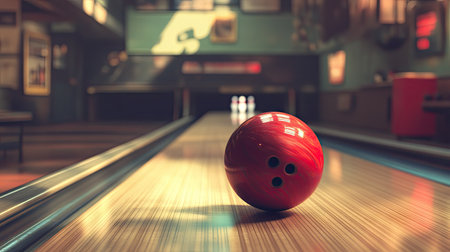 A bowling ball gliding smoothly along the polished track, capturing the intensity of the game in motionの素材