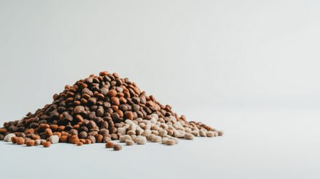 Assorted dry dog food in a mound, showcasing a variety of kibble sizes and textures on a plain white backgroundの素材