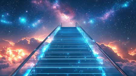 A futuristic glass staircase leading up to a glowing sky filled with stars and galaxies.の素材