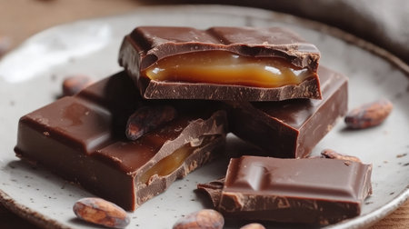 Close-up of a rich chocolate bar broken into pieces, revealing gooey caramel inside, placed on a white plate with cocoa beans scatteredの素材