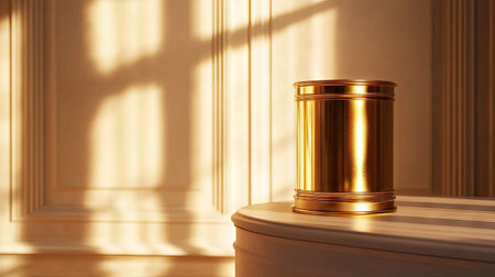 A golden luxury pedestal in an upscale setting, with a beautiful product on top, casting shadows under soft lighting.の素材