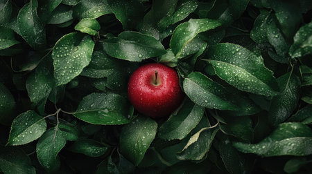 A freshly harvested red apple nestled in green leaves, dew droplets reflecting light.の素材