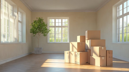 A newly empty room with boxes stacked in the corner, waiting to be moved into the next home.の素材